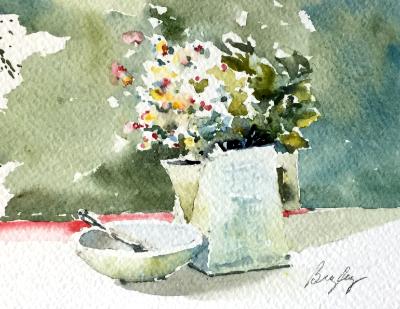 Green Pitcher & White Daisies